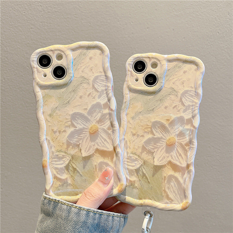 Oil Painting Flowers Shell for iPhone 13 Blu-ray IMD TPU Case Wavy Edge Phone Cover with Pearl Chain Oil Painting Flowers Shell for iPhone 13 Blu-ray IMD TPU Case Wavy Edge Phone Cover with Pearl Chain